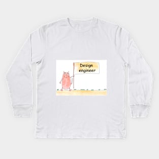 Design engineer. Profession, work, job. Cat shows a banner with the inscription. Watercolor illustration. A gift for a professional. Kids Long Sleeve T-Shirt